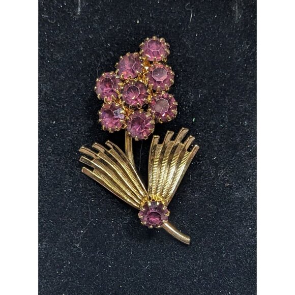 Vintage Purple And Gold Tone Floral Rhinestone Brooch - Picture 3 of 3